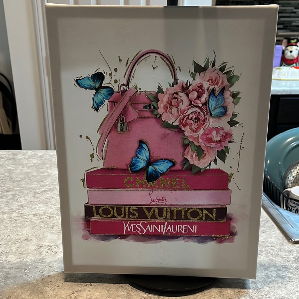 Fashion Brand Canvas Art with Pink and Blue Accents Chanel Louis Vuitton YSL